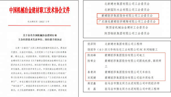 蒙娜丽莎获中国机械冶金建材职工技术协会多项表彰